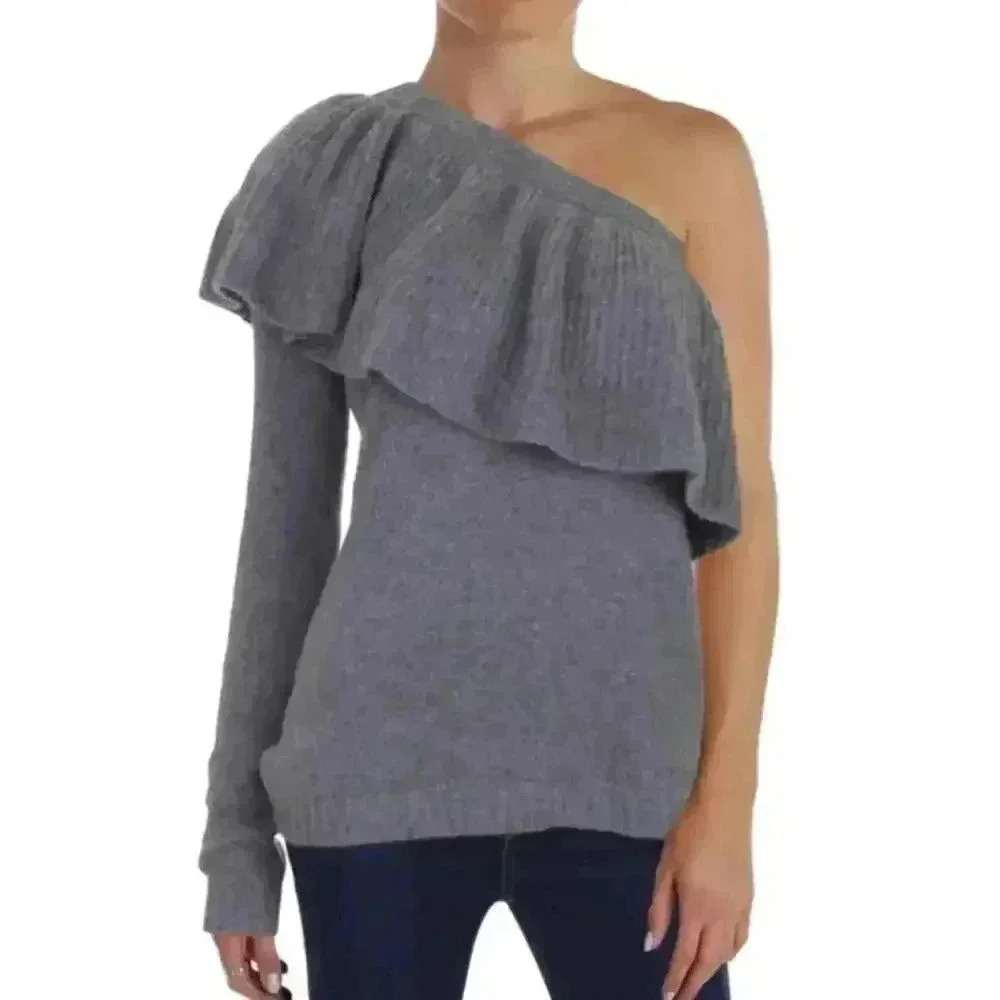 AQUA CASHMERE Gray One Shoulder Ruffled Pullover Sweater Size S